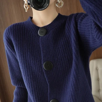 2021 m. rudens ir žiemos ilgomis rankovėmis apvalios kaklo susukti megztiniai megztinis švarkas moterų 100% megztinis laisvas ir paprastas išorinis megztinis