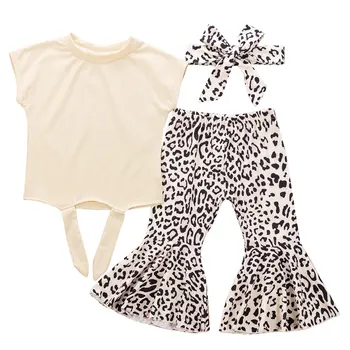 Boutique Mergina Drabužius 3PCS Bamblys Vaikams Baby Girl trumpomis Rankovėmis Drabužius Viršūnes+Leopard Kelnės+Lankelis Komplektai Rinkinys