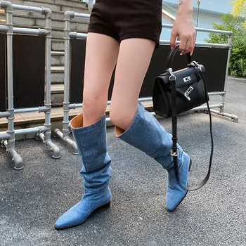 naujas prekės ženklas dizaineris pažymėjo tne džinsinio krūva batai storio vidurio kulno batai moterų kelio aukštas slydimo batų moteris outdooor batai