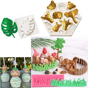 Džiunglės Safari Gyvūnų Tortas Pop Silikono Formos Palmių Lapų, Minkštas Formos Saldainiai Cupcake Topper Apdailos Įrankiai, Žolė, Tvora Sienos