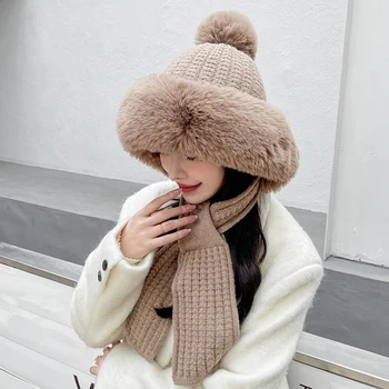 Žiemą Šilta Megzta kepurė Kailiniai Moterims Skrybėlę su Earflap Du Kamuoliukus Lady Lauko Tirštėti Pliušinis Purus Bžūp rusijos Skrybėlės Moterims