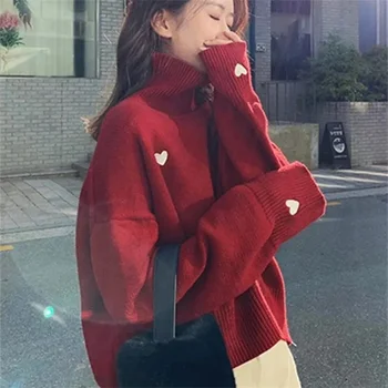 Rudenį, Žiemą Naujas Net Raudonas Megztinis Megztinis Viršuje Moteris Studentų Korėjos Versija Prarasti Išorinis Dėvėti Golfo Džemperis Moterims M570