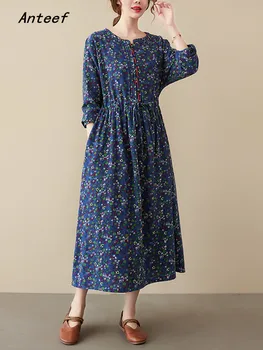 Anteef ilgomis rankovėmis medvilnės derliaus gėlių suknelės moterims atsitiktinis palaidų pavasarį, rudenį suknelė elegantiškas drabužius 2022