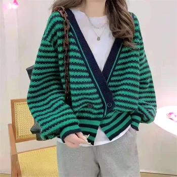 Dryžuotas megzti megztinis moterų Retro nereguliarus laisvas megztinis mados dryžuotas, viršuje moterų megztinis