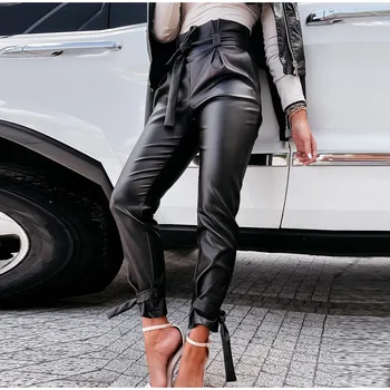 Moterų Black PU Odos Kelnės Aukštu Juosmeniu Varčias Nėrinių Streetwear Kelnės Moteriška Office Lady Elegantiškas 2021 M. Rudens Žiemos Ziajać