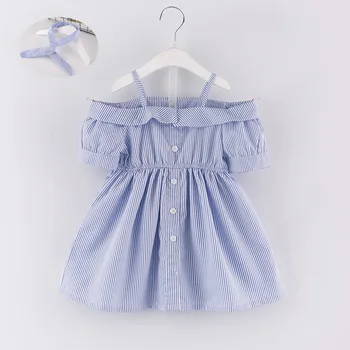 Merginos vasarą mėlynos juostelės off-the-shouder suknelė Baby princess dress fairy pigiau Vaikų suknelė nemokamai atitikimo hairband DR19098