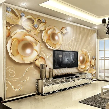 Custom Sienų Tapetai, 3D Stereo Golden Pearl Gėlių Papuošalai Fone Sienų Tapyba Kambarį TV Sofa-lova, Miegamajame Prabangus Freska