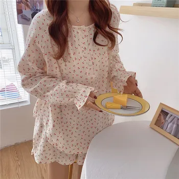 2021 Korėjos Pajama Mujer Vyšnių Spausdinimo Medvilnės Verpalų Sleepwear Nustatyti Long Sleeve Top+Shorts Pynimas Homewear Odos Draugiškas Kvėpuojantis