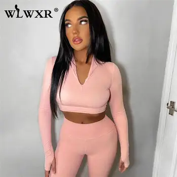 WLWXR Rudenį Streetwear Pink 2 Dviejų dalių Rinkiniai Tracksuit Sweatsuits Moterų Apranga ilgomis Rankovėmis Pasėlių Viršuje Ilgas Kelnes Rinkiniai Tinka