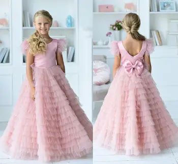 Pink Flower Girl Dress Reljefiniai Skirtingos Linijos, Merginos Gimtadienio Suknelės Plunksnų Bžūp Rankovėmis Šventė Suknelės Užsakymą